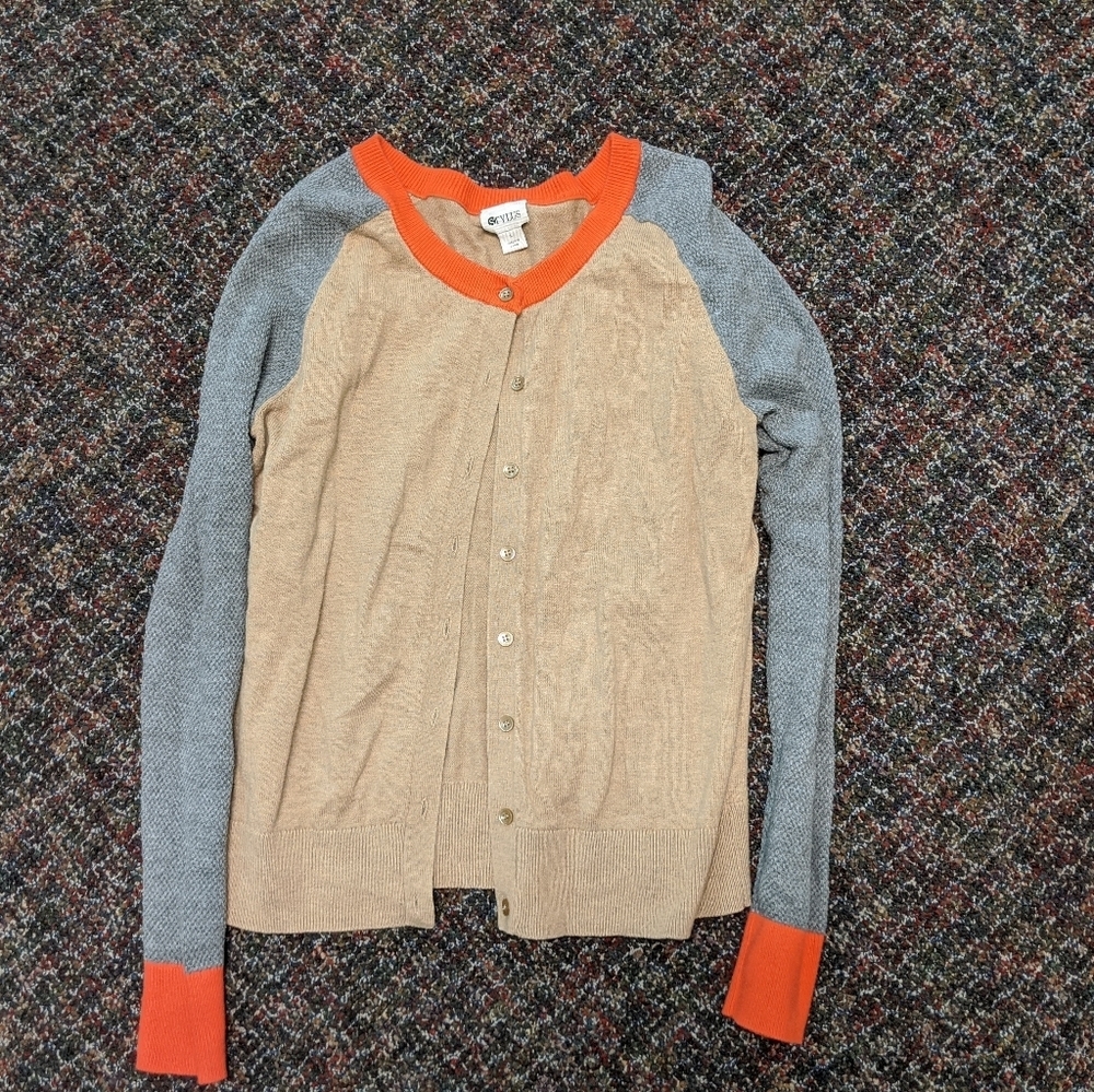 Stylus Tan Cardigan Sweater with gray sleeves